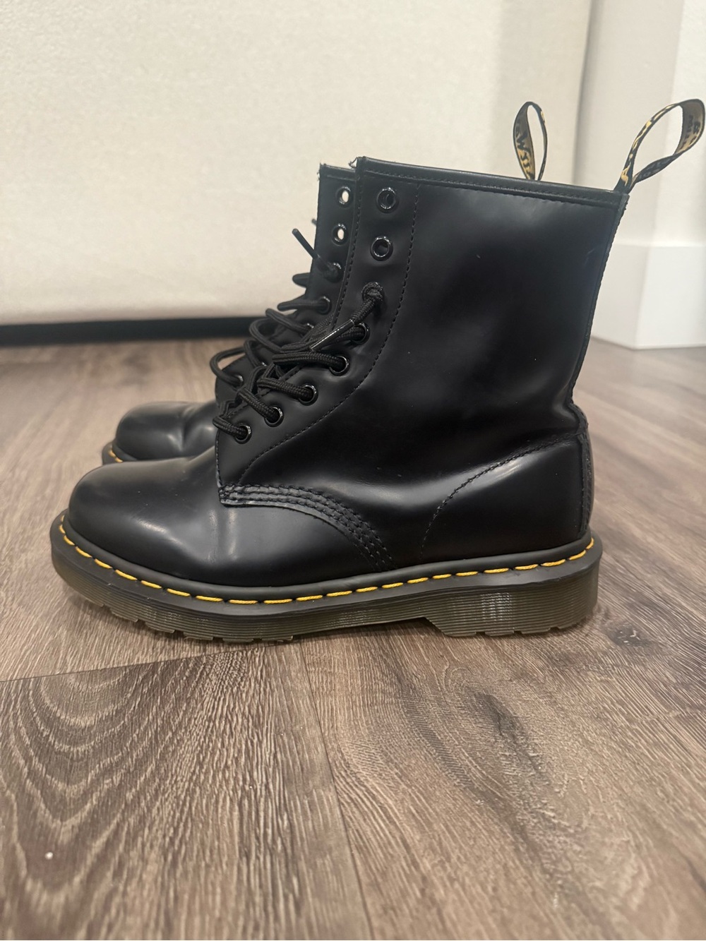 Dr. Martens Black Leather Lace-Up Combat Boots with Yellow Stitching